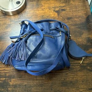 Fossil Blue Leather Tassel Drawstring Crossbody Bag
